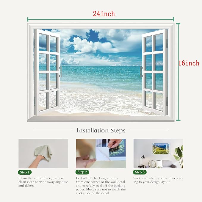 ‌Lmyhome Fake Window Wall Mural White Beach (16"x24") | Peel and Stick Faux Window Wall Sticker Decal Poster for Bedroom Home Decor - Image 3