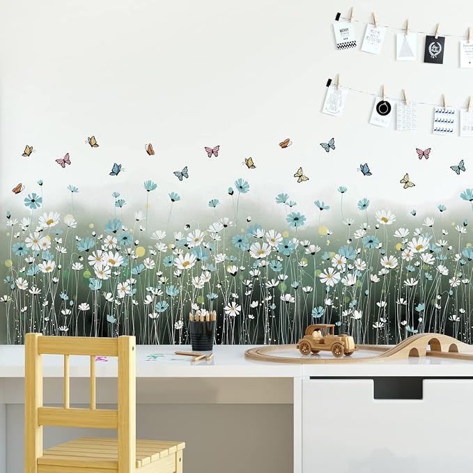 2 Sheets Blue Daisy Wall Sticker White Flowers Wall Decals DIY Peel and Stick Butterflys Firefly Wall Stickers for Kids Girls Bedroom Living Room Bathroom Nursery Window Door Office Skirting Lines - Image 8