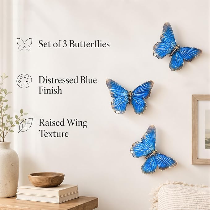 GUSFREUD 3D Butterfly Wall Decor Set – Resin Wall Decor for Living Room, Bedroom, Bathroom, Dining Room, Outdoor and Gallery Walls - Antique Blue - Set of 3 - Image 5