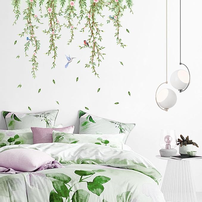 Hanging Vine Wall Decals with Birds Green Leaves Flowers | Removable, Peel and Stick, Forest Wall Art, For Bedroom Living Room Nursery Bathroom Kitchen - Image 7