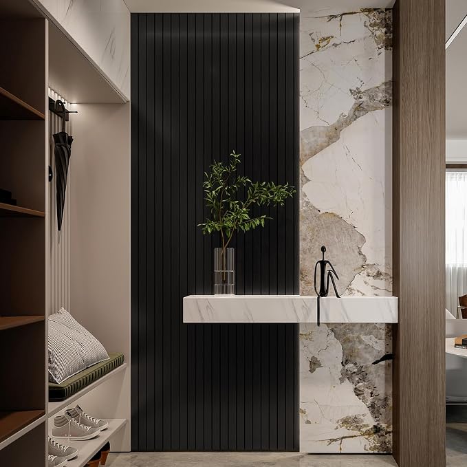YLL YLL PVC Slat Wall Panel Peel and Stick 236"x 15.7" Faux Black Wood Grain Slat Panel Self-Adhesive Wallpaper Soundproof 3D Wall Panels - Image 2