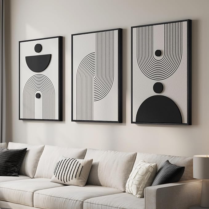 3D Large Framed Black and White Abstract Wall Art for Living Room, 3 Piece | Wood Frames, Sandstone Textured Paintings, Modern Artwork for Walls, 24x36 In Geometric Pictures Wall Decor Bedroom Office by Cuspin