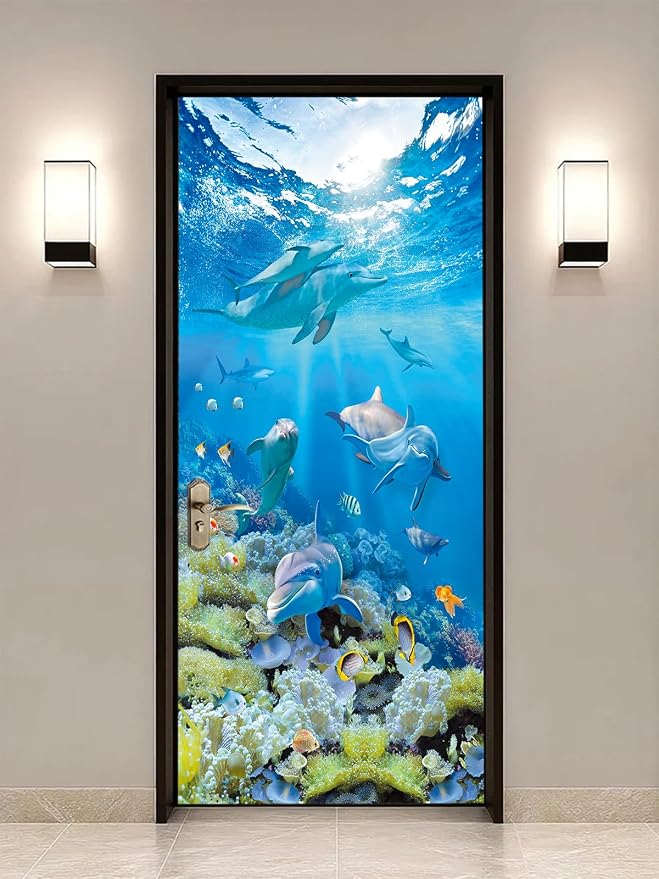 artfanke 3D Peel and Stick Door Sticker 33.5"x84.6"- Self-Adhesive Door Murals Wallpaper-Blue Ocean Dolphins Wall Poster Decal for Home Decor (2 Sheets/Set) - Image 2