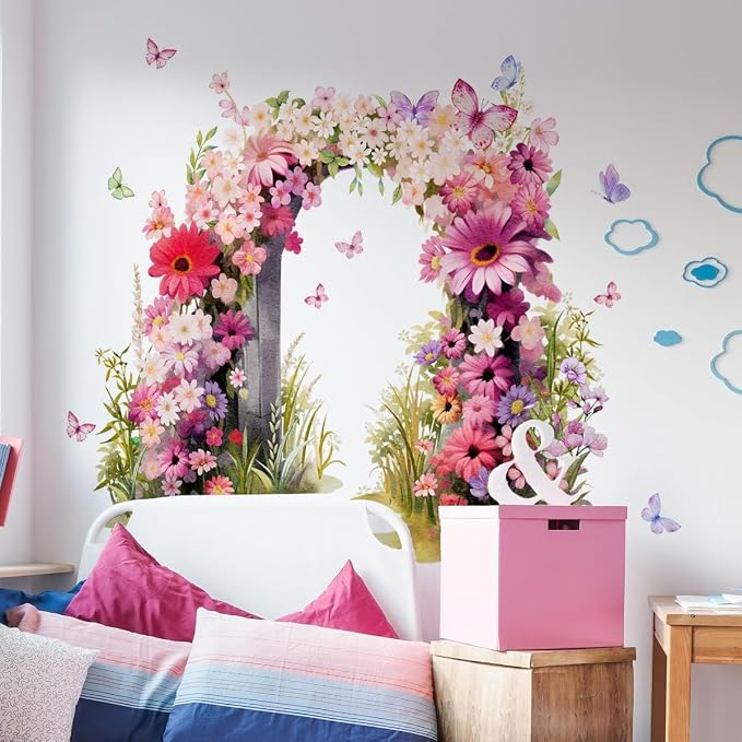 Floral Arch Wall Decal - Romantic Garden Arch Wall Stickers with Pink Flowers and Butterflies, Peel and Stick Removable Wall Mural for Bedroom, Living Room, Nursery, Girls Room Decor - Image 2
