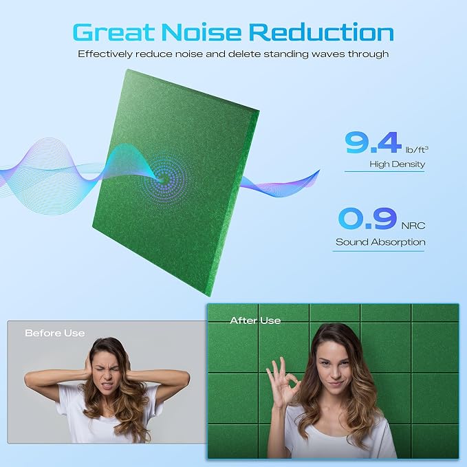 12 Pack Self-Adhesive Acoustic Panels, 12" X 12" X 0.4" High-Density Sound Proof Foam Panels for Walls, Soundproof Wall Panels for Home & Office (Green) - Image 3