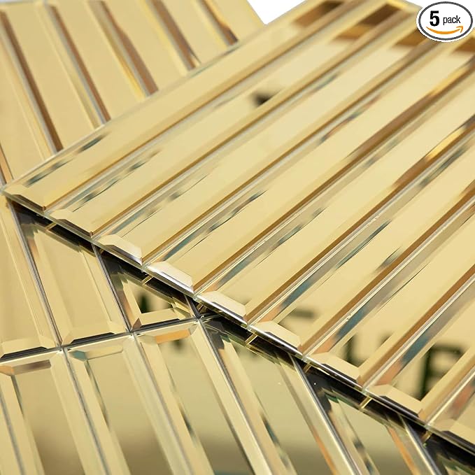 Diflart Beveled Mirror Backsplash Tiles for Kitchen, Gold Strip, 12x12 Inch, Mirror TIile for Bathroom Accent Wall, Pack of 5 Sq.ft by Diflart