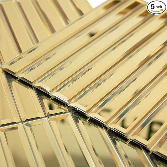 Diflart Beveled Mirror Backsplash Tiles for Kitchen, Gold Strip, 12x12 Inch, Mirror TIile for Bathroom Accent Wall, Pack of 5 Sq.ft by Diflart