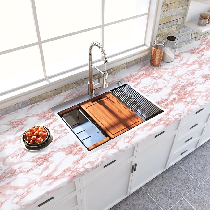 Marble Contact Paper Pink Peel and Stick Wallpaper for Kitchen Countertop | 17.7 in x 393.7 in Marble Granite Self-Adhesive Wallpaper Cabinets Drawer Shelf Wall Crafts Wall Paper Decorations - Image 5