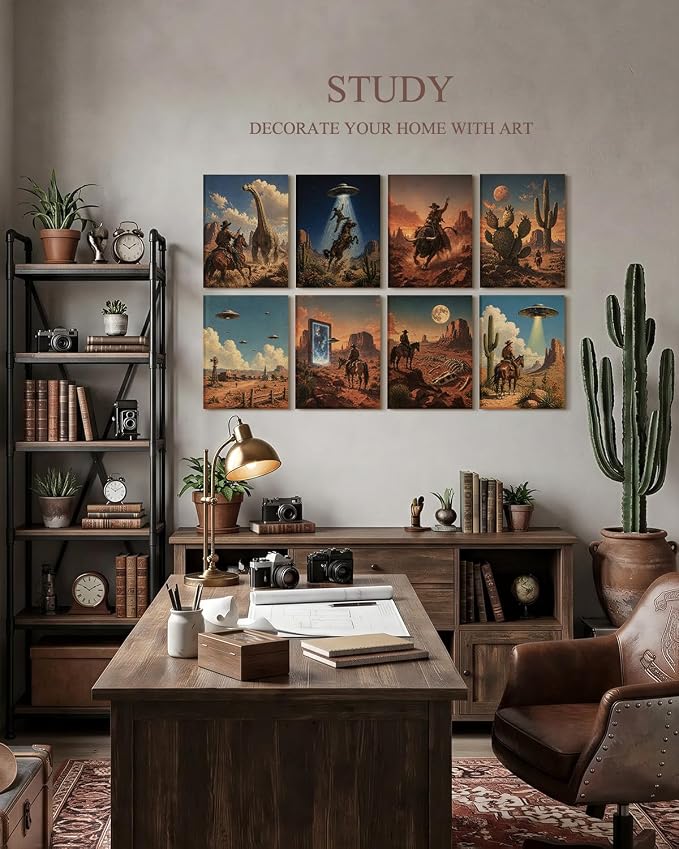 VIYYIEA Acoustic Art Wall Panel, Western Cowboys Sound Absorbing Panels | 48×32 in UFO Soundproof Panels Bedroom Gaming Room Dorm Whimsical Decor, 8Pcs Acoustical Alien Prints 3D Bulletin Board - Image 2