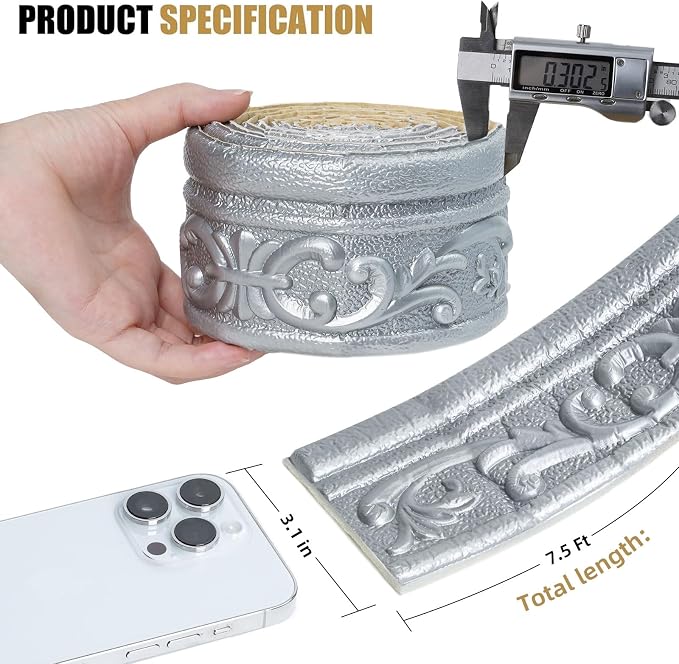 90" x 3.1" Peel Stick Foam Molding Trim Self Adhesive, Crown Molding Wallpaper Border Flexible, 3D Wall Edging Lines Foam Baseboard, Wall Base Moulding Trim for Home, Hotel DIY Decoration - Image 2