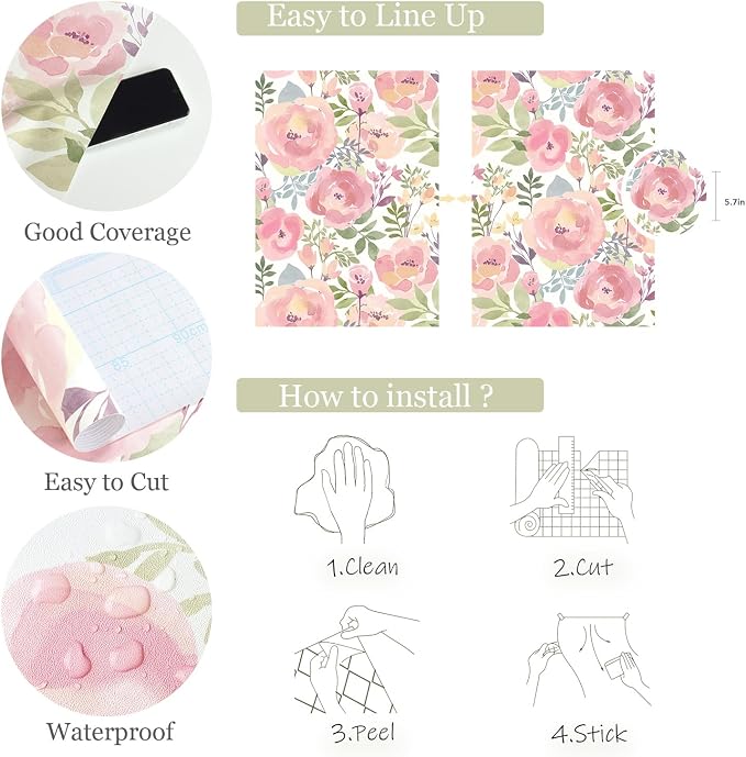 Orainege Floral Wallpaper Peel and Stick Wallpaper Peony Flowers | 16.9in x196.8in Floral Contact Paper Removable Self Adhesive Wall paper Decorative for Bedroom Living Room, Peachy - Image 4