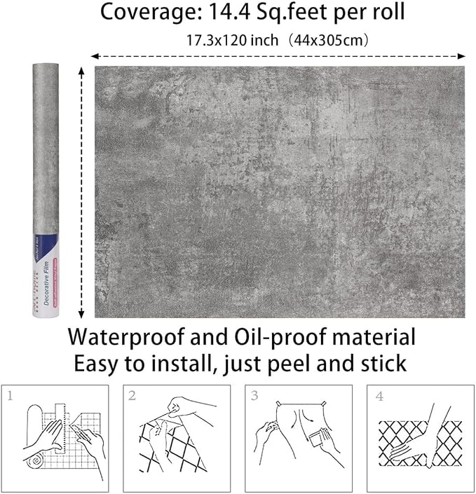 Arthome Concrete Gray Peel and Stick Wallpaper 16.5"x120" | Removable Contact Paper,Covers 13.4 sq ft. Ideal for Industrial Accent Walls Cabinets or Furniture Makeovers - Image 6