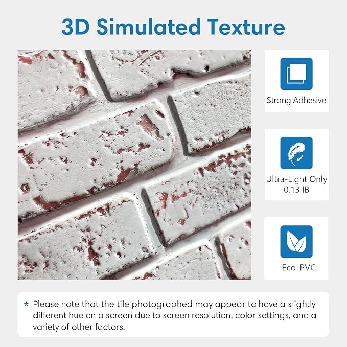 COMSTICKC 3D Faux Brick Wall Panels Peel and Stick, 10 Pcs 11.8" x 11.8" | Whitewash, Not Real Brick, Small Size, Ultra-Light PVC Sticker, Fake Brick Decorative Tiles for DIY Decor, Cover 9.7 sq ft - Image 5