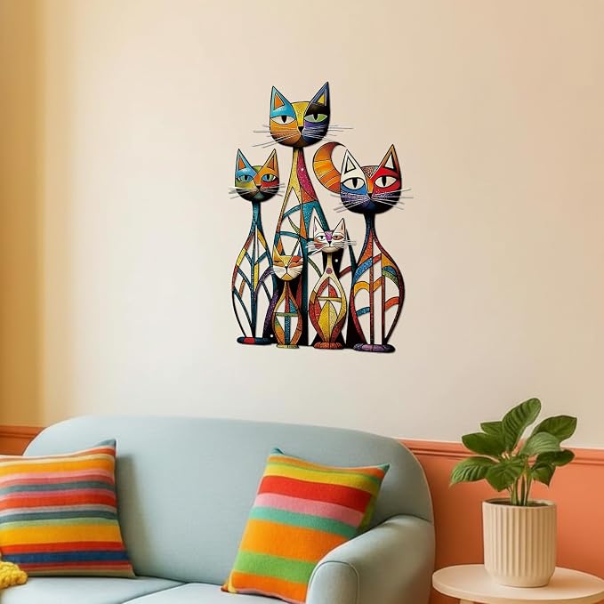 Wesiti Cat Wall Art Metal Decor Colorful Retro Mid Century 10.6x15.7 in | Iron Sculpture for Cat Lovers, Geometric Design for Living Room Bedroom Kitchen Office, Adds Retro Artistic Personality - Image 6