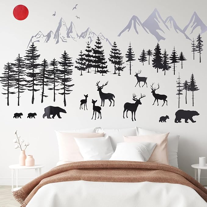 Outus 3 Sheets Mountain Forest Bear Wall Decals Stickers Pine Tree Wall Decals Trees Wall Stickers Deer Forest Decals for Kids Nursery Bedroom Living Room Decor,11.8 x 35.4 Inches - Image 7
