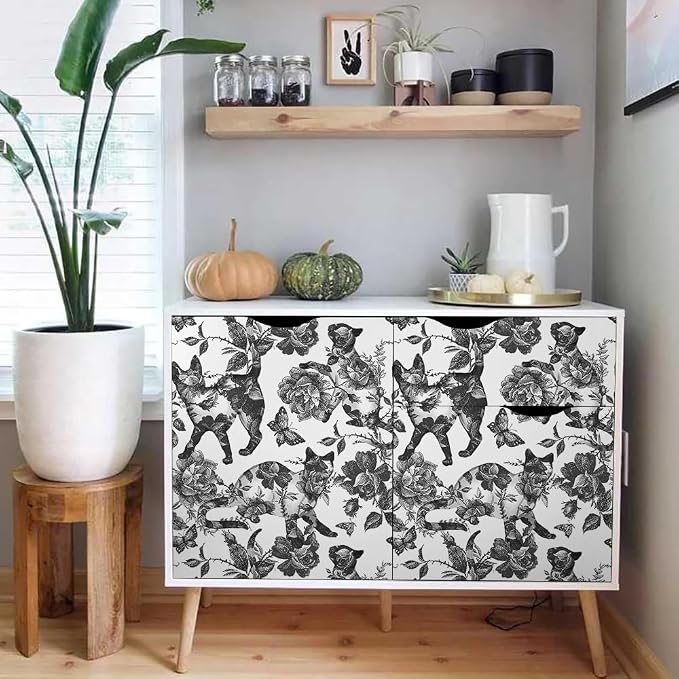 MuralPeel Black White Vintage Floral Cat Animals Butterfly Peel and Stick Wallpaper Self Adhesive Removable Easy Peel Off Contact Paper Stick on Wall Paper for Bedroom Cabinet Renter Friendly - Image 5