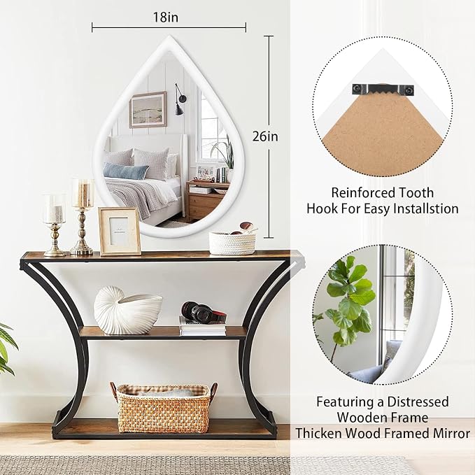 White Vintage Mirror Teardrop Wall Hanging Mirror Wood Frame 26 X 18 Inch Wall Mirrors Decorative for Entryway Living Room Bathroom Hallway Home Decor - Image 5
