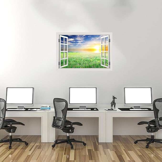 Fake Window Wall Mural Sticker -Summer Green Grassland Open Wall Art Decal | Faux Window Natural Scenery Landscape Decorations｜Stick and Peel Wall Decals｜Room Bedroom Office Decor｜48"x32",Set of 2 Sheet - Image 8