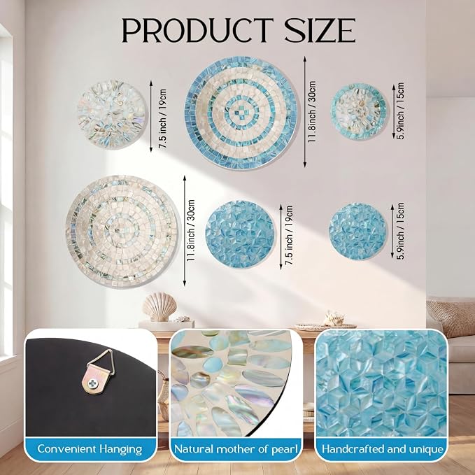 Novabright 6 Pcs Shell Wall Decor 11.8 Inches Natural Mother of Pearl Shell Plate Coastal Wall Art Mosaic Sculpture Handmade Hanging Plates Arts for Bedroom Bathroom Home Office Hotel - Image 3