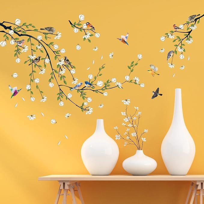 Green Vine Wall Decal White Flowers and Birds on Branch Natural View Wall Sticker DIY Detachable Peel and Stick Wall Art Mural for Living Room Bedroom offcie Home Decor - Image 5