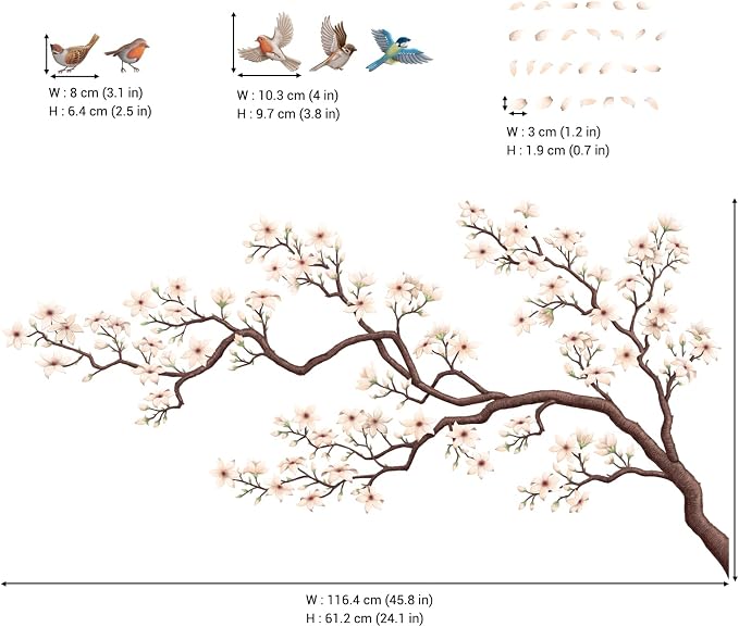 DECOWALL White Cherry Blossom Branch Birds Wall Stickers Decals (SG2-2509) | Peel and stick, removable watercolor floral decor with falling petals for living rooms, bedrooms, offices, studios and cafes - Image 6