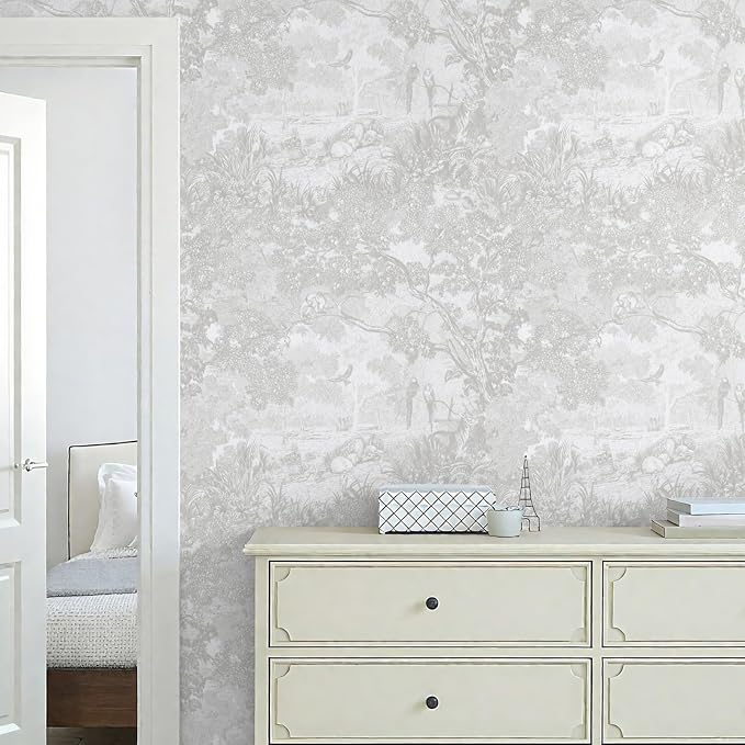 Ismoon Gray Peel and Stick Wallpaper Neutral Wall Paper 17.3in×6.56ft Vintage Removable Self-Adhesive Wallpaper Animals Jungle Contact Paper for Cabinets Bathroom Walls Covering Vinyl Roll - Image 6