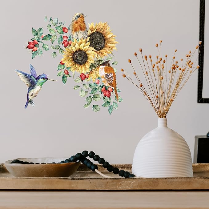 Sunflower Wall Stickers & Murals Bird Wall Decals Peel and Stick Yellow Flower Window Clings Watercolor Hummingbird Art Decor Wall Clings Kitchen Cabinet Decals for Bathroom Toilet Tank Girls Bedroom - Image 2
