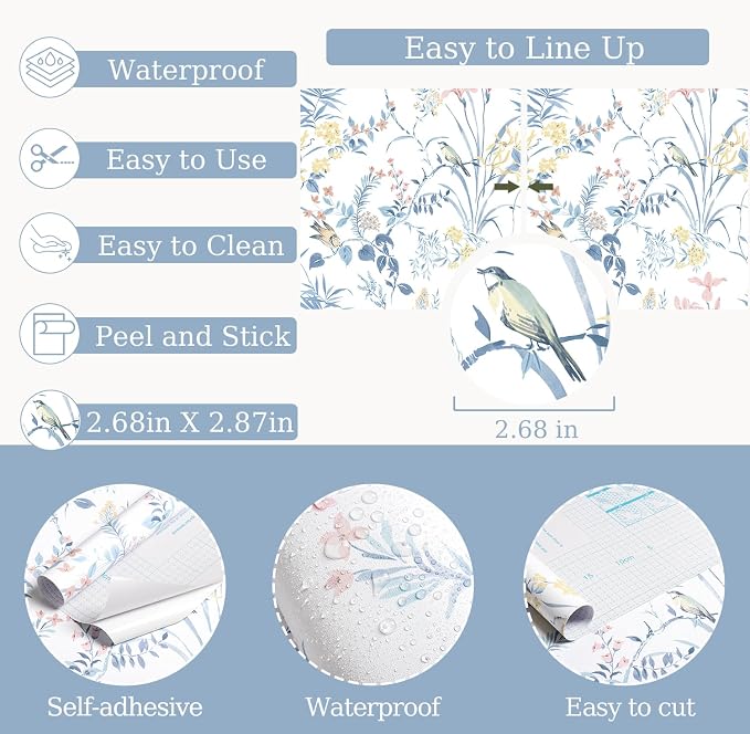 Erfoni Boho Floral Peel and Stick Wallpaper Blue Floral Birds Contact Paper | 16.9" x118" DIY Self Adhesive Removable Wallpaper for Livingroom Cabinet Decor Modern Flower Leaf Wallpaper Vinyl Roll - Image 5