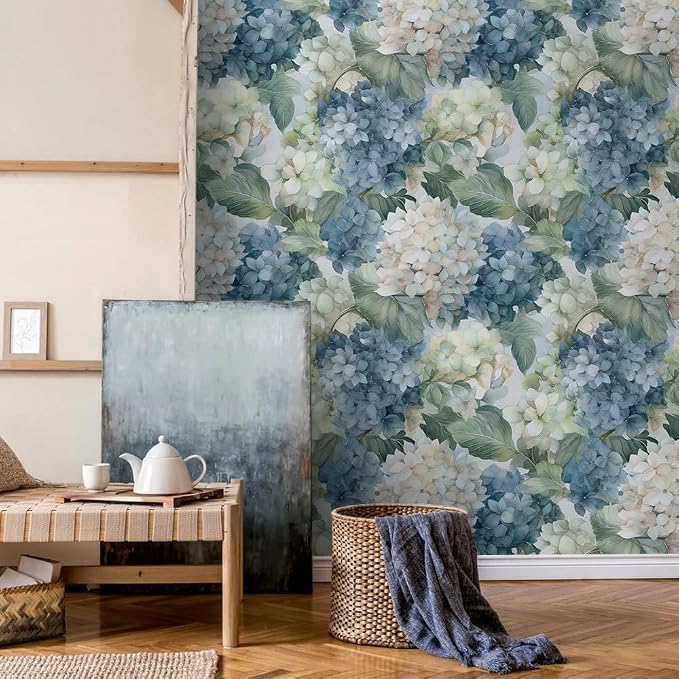 Vintage Watercolor Blue/White/Green Hydrangea Floral Peel and Stick Wallpaper Wall Decor Self Adhesive Wall Paper Stick on Easy Peel Off Contact for Renter Apartment - Image 2