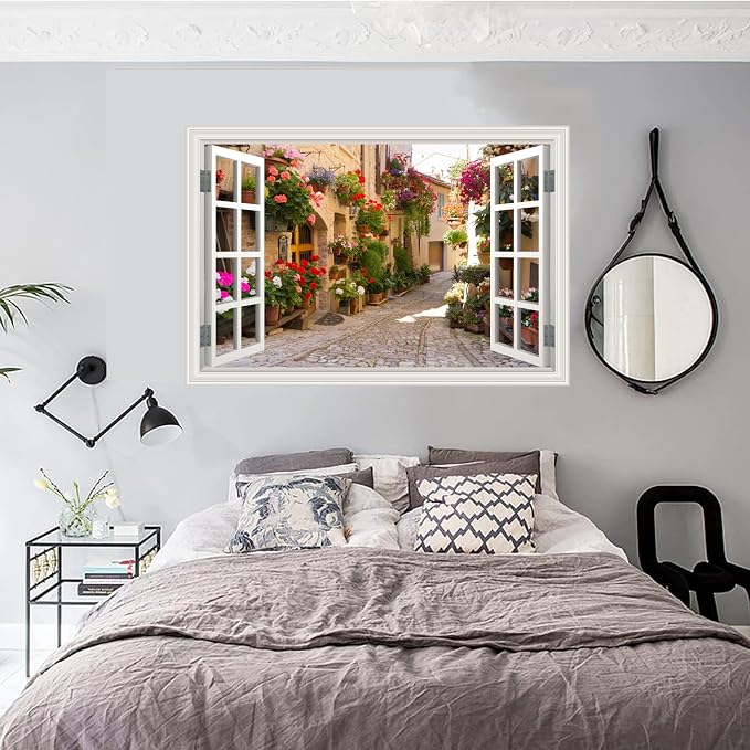 Fake Window Wall Decals Spring Italy Rose Alley Flower Wall Art Sticker | ｜Faux Window Natural Scenery Landscape Mural ｜ Stick and Peel Wall Decal｜for Room Bedroom Office Scene Picture Decor｜24"x16" - Image 8