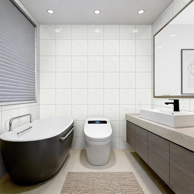20pcs Peel and Stick Shower Tile Waterproof Marble Tiles Wall Panels | 11.8"X11.8" Off White Self-Adhesive Backsplash for Home Bathroom Kitchen Showers (Not Real Tile) - Image 2
