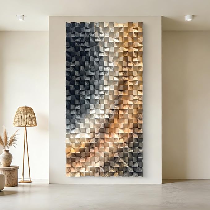 LIUZEYUE Geometric Wood Wall Decor with Cross-Band Cube Texture | large modern wall art; copper and cool gray, preinstalled back hooks; open-concept lounge sofa-wall centerpiece; 31.5 x 63 in - Image 7