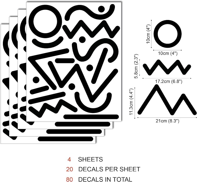 Black Memphis Style Wall Decals, 80s Retro Geometric Wall Décor | Stunning Memphis shapes for a bold 80s accent wall. Peel and stick matte vinyl stickers for home, office, dorm, bathroom. - Image 6