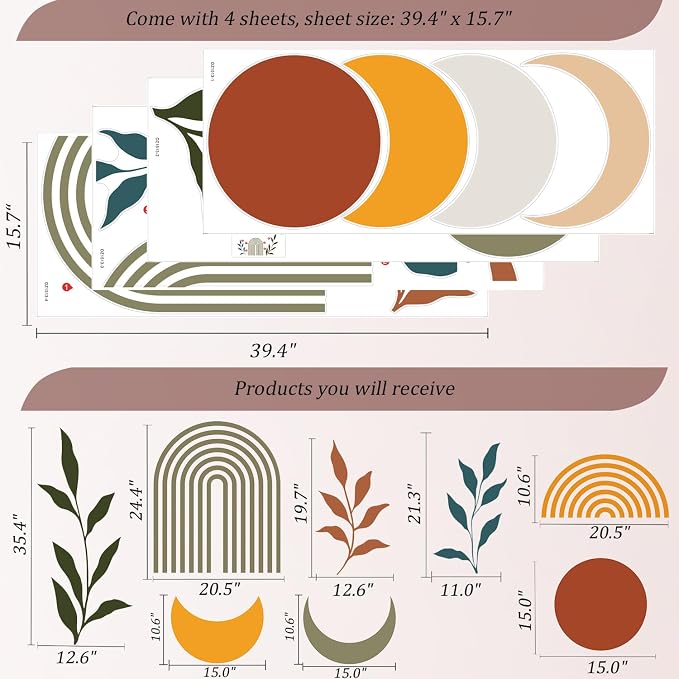 Boho Mid-Century Sun and Moon Wall Decals Peel and Stick, Large Arch Vinyl Wall Stickers, Removable Leaves Home Decor Art for Bedroom Living Room Classroom Office - Image 2