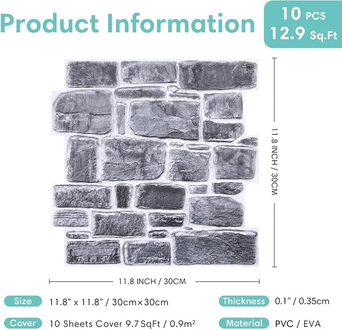 Commomy Faux Stone Peel and Stick 3D Wall Panels 10 Pcs 11.8" x 11.8" | Ultralight Thin PVC Printable Faux Rock Wall Covering Decorative Tiles for Living Room,Fireplace(Covers 9.7 sq.ft) - Image 6