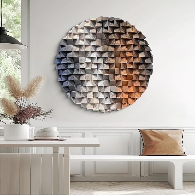 LIUZEYUE Large Round Wood Wall Art Featuring Sculptural Disc Texture | round 3D wall art; cool gray and rust, staggered mosaic surface; hotel lounge circular centerpiece; 47.2 in diameter by Unknown
