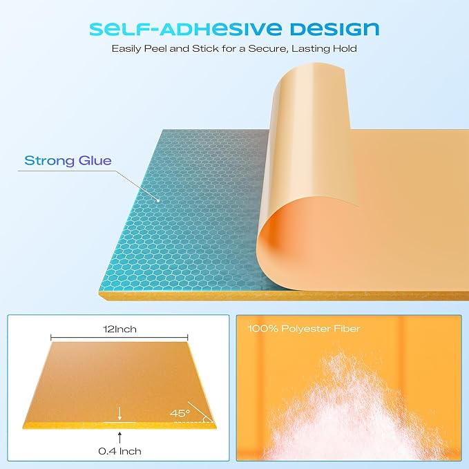 12 Pack Self-Adhesive Sound Proof Foam Panels for Walls 12"x12"x0.4" Fabric | High-Density Acoustic Panels, Noise Reducing Soundproof Wall Panels for Home Studio, Office, Easy-Install Gold - Image 2