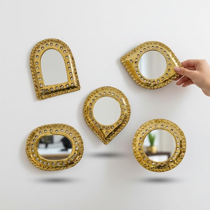 Set of 5 Small Decorative Wall Mirrors – Gold Brass Handmade Mirror Set | Round, Arch, Oval, Octagon, Eye Shapes | Living Room, Bedroom, Home Wall Decor (5, Rounded Edges) by Unknown