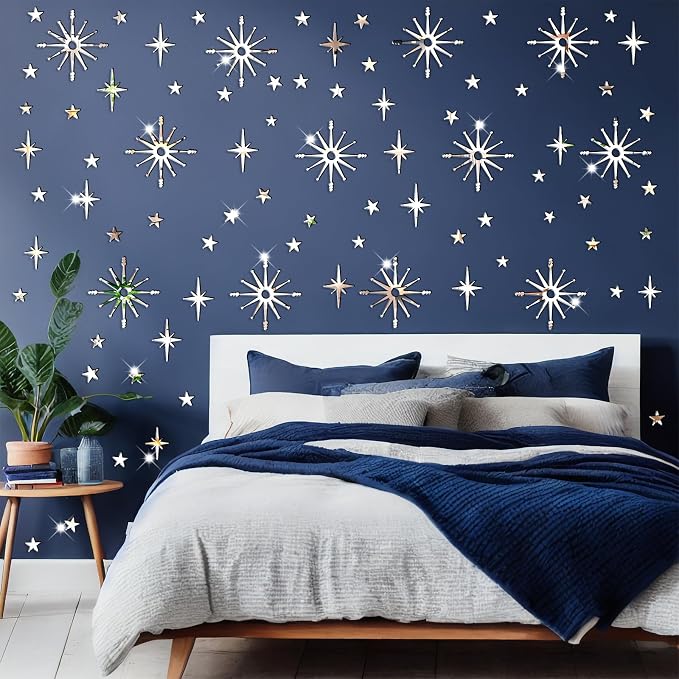Star Wall Decals MCM Starburst Stickers Silver Mirror Decal Peel and Stick | Celestial decor, sparkle wall stickers, modern mid century decor, removable art mural, for kids bedroom living room farmhouse - Image 5