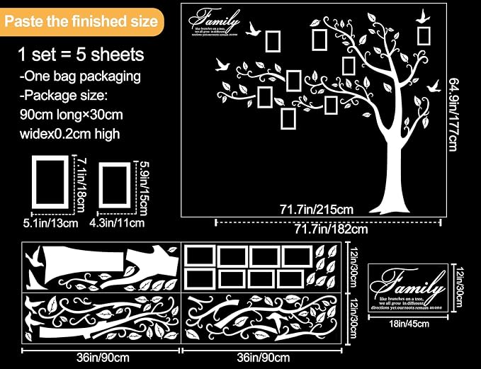Large Family Photo Tree Wall Sticker 3D Peel and Stick Vinyl Photo Frame Tree Wall Decals Removable Quotes Leaf and Birds Wall Decor for Home Kids Bedroom Living Room Classroom Nursery L White - Image 2