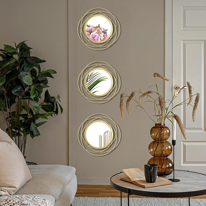 3 Set Round Mirrors for Wall Decor Living Room Bedroom Bathroom Dining Room Metal Circle Mirror Set Boho Decorative Sunburst Wall Art Accent Entryway - Gold 9.5 in - Image 5