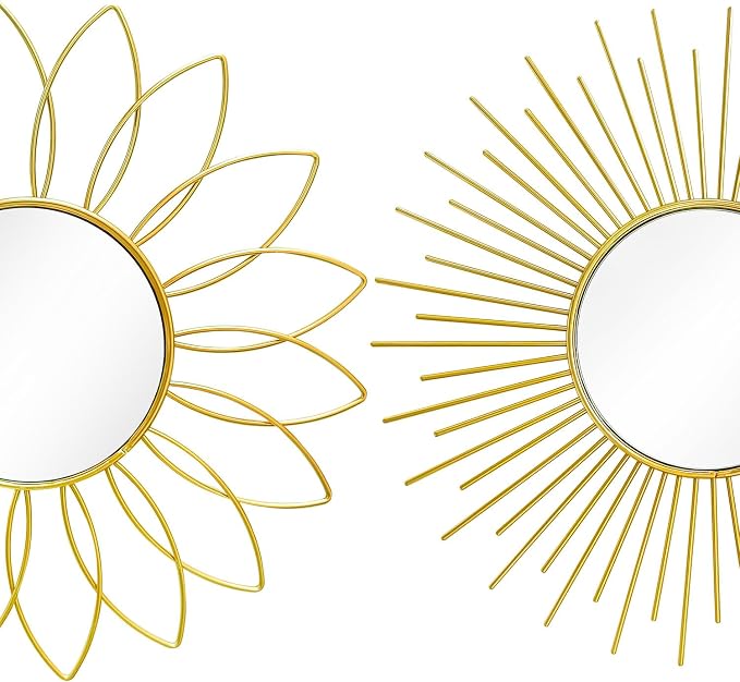 3 Pack Metal Mirrors for Wall Sunburst Wall Mirrors Home Décor Decorative Hanging Wall Art for Living Room Bedroom Entryway (Gold2, Flower+Sunburst) - Image 2