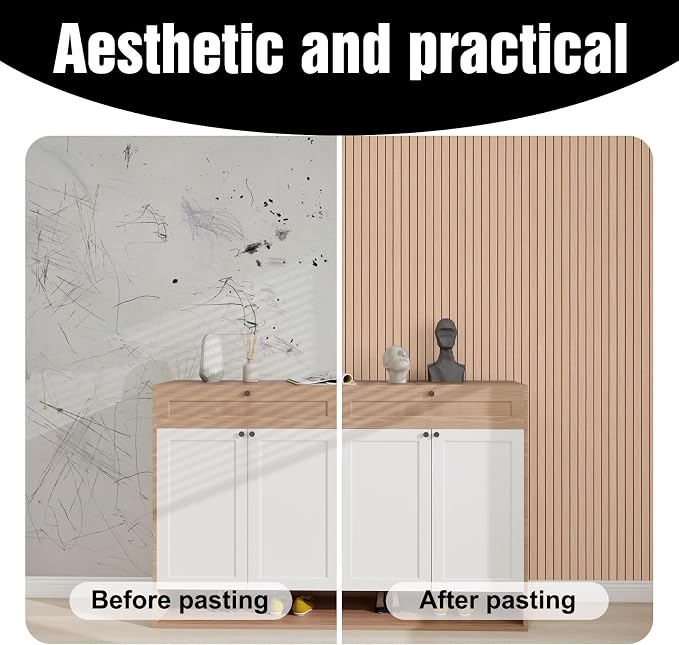 3D Wood Slat Wall Panels Peel and Stick Faux Wood Grain Thick Wallpaper 15.7"x118" Acoustic PET & IXPE Foam Paneling Self-Adhesive Decor for RV Living Room Bedroom Ceiling DIY Accent Wall Covering - Image 8