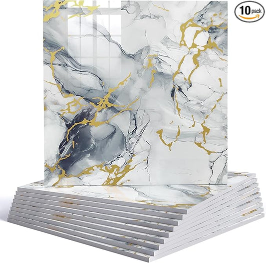 10pcs Marble Peel and Stick Backsplash Wall Tiles, Waterproof Shower Wall Panels, 11.8"x11.8" Peel and Stick Tile for Home Bathroom, Kitchen, Washroom, Living Room, Blue and Gold (Not Real Tile) by HomeUpgradeMadeSimple