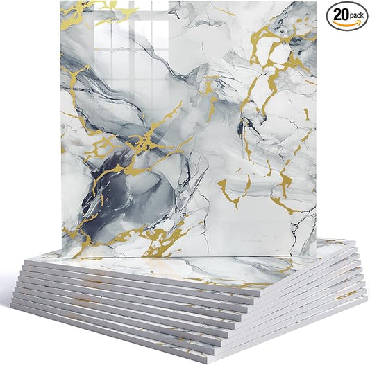 20pcs Marble Peel and Stick Backsplash Wall Tiles, Waterproof Shower Wall Panels, 11.8"x11.8" Peel and Stick Tile for Home Bathroom, Kitchen, Washroom, Living Room, Blue and Gold (Not Real Tile) by HomeUpgradeMadeSimple