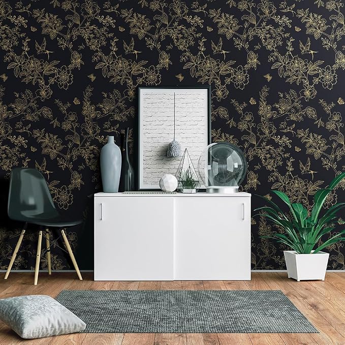 Froluya Black Gold Floral Wallpaper Peel and Stick Wallpaper 17.7in×393.7in | Dark Floral Contact Paper Peel and Stick Vintage Boho Birds Removable Self Adhesive Wallpaper for Bathroom Cabinets Vinyl - Image 7