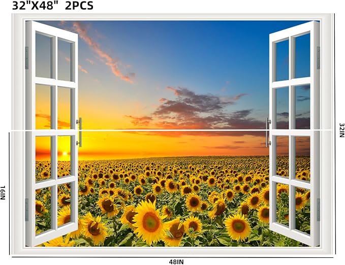 Self-Adhesive Wall Sticker Romantic Living Room Bedroom Study Office Decorative Wall Sticker Ocean Scenery Fake Window Sticker Mural (Sunflower, 32"×48") - Image 2