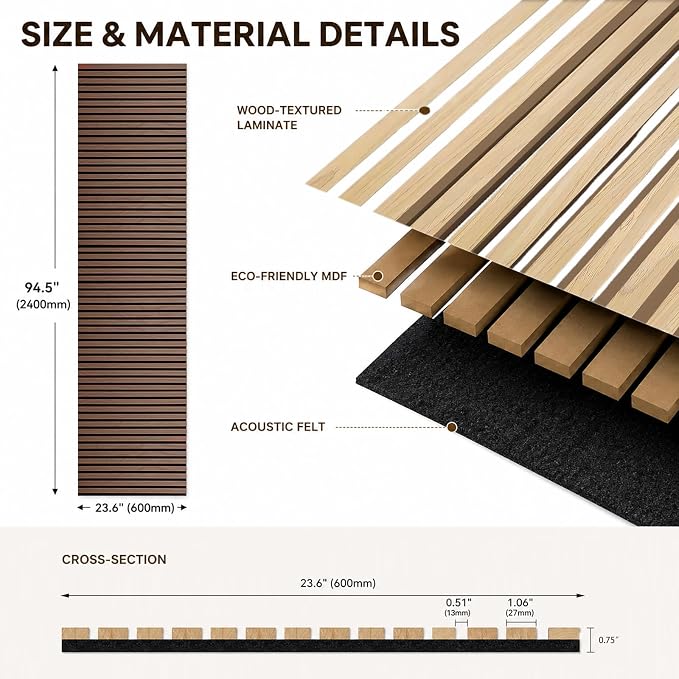 Acoustic Wood Panels for Wall,3D Flexible Fluted Sound Slat Panel (Brown) | Soundproof ,Absorbing,Noise Cancelling,94.5 x 23.6in - Image 2