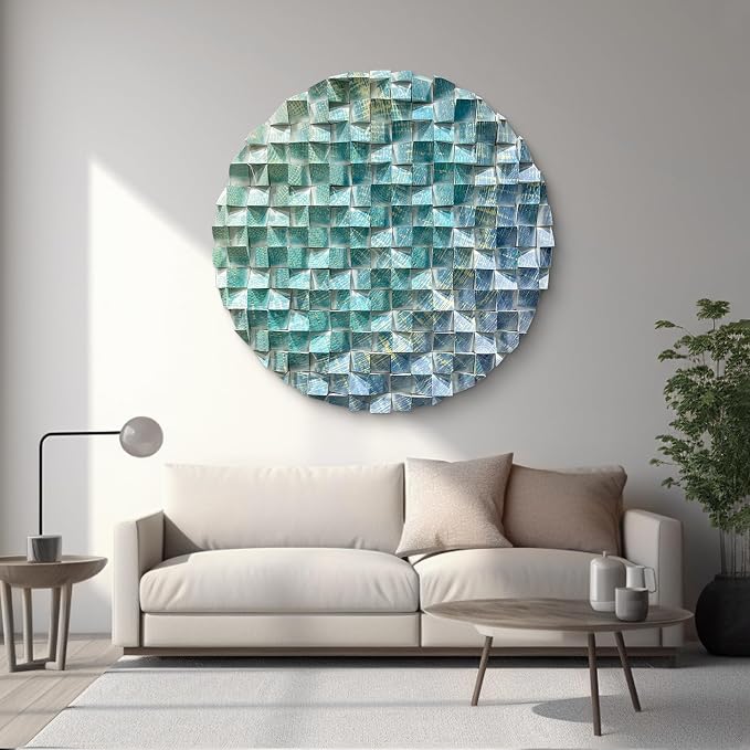 LIUZEYUE - Large blue-green-gold patterned triangular wooden block wall art piece. Modern living room eye-catching wooden decorative item 47.2" - Image 8