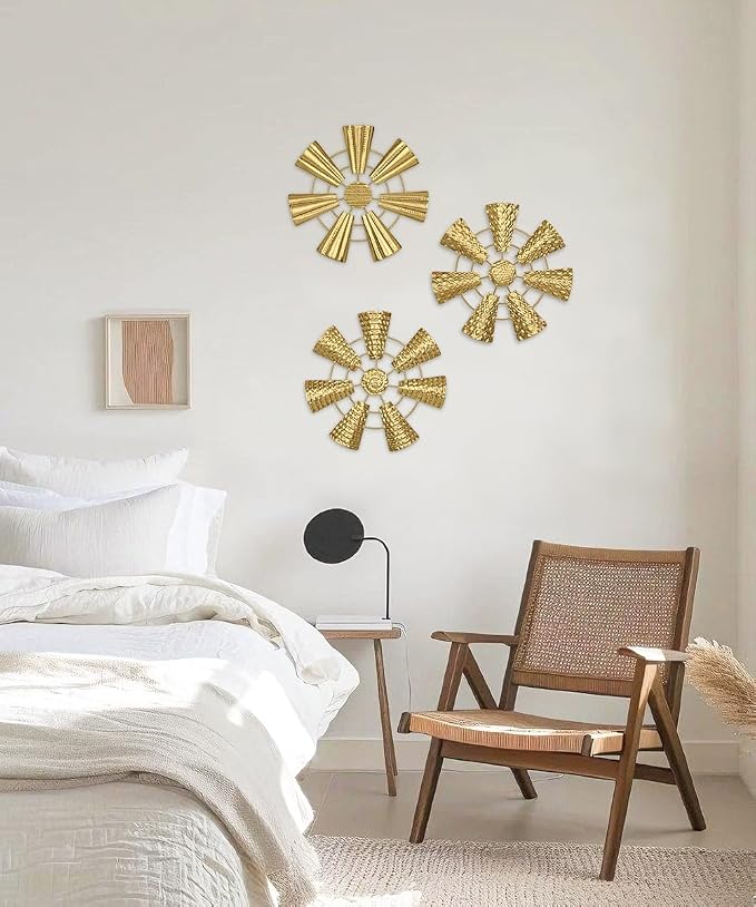 Briful 12" Wall Décor Pack of 3 Metal Gold Windmill Radial Plate Wall Art Modern Accent Hanging Wall Decorations For Home Office Living Room Wall Sculptures - Image 4